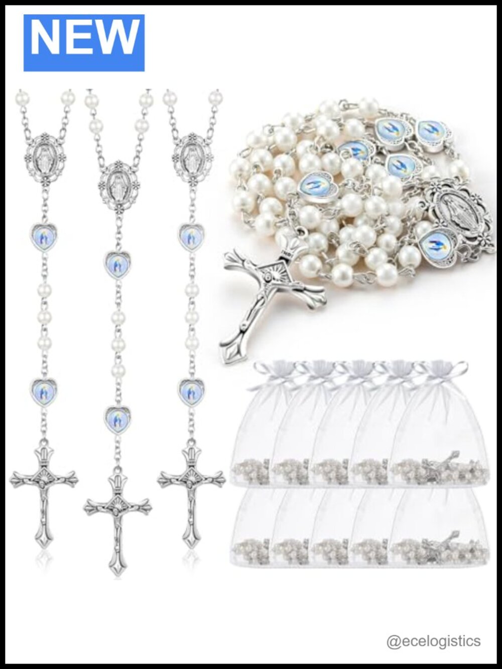 Pearl Rosary Beads Necklace Crucifix Cross 21 in 6mm Glass Beads Religious